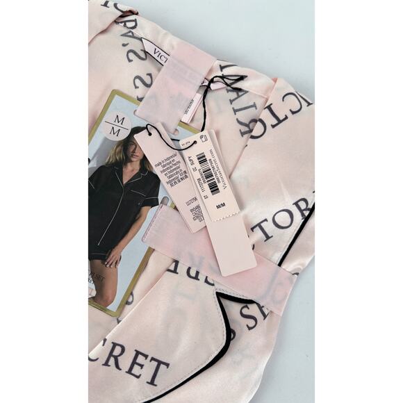 Victorias Secret Glazed Satin Short Pajama Set Pink Logo Womens Size Medium New - Picture 3 of 4